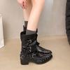 Fashion Women's High Heel Single Boots Four Seasons Pointed Sleeve Rivet Metal Buckle Anti-slip Wear-resistant Mid-calf Boots