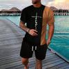 Summer Men's Casual Short-Sleeved Shorts Set Simple Cross Printed T-Shirt Matching Color Round Neck Short-Sleeved 2-Piece Set
