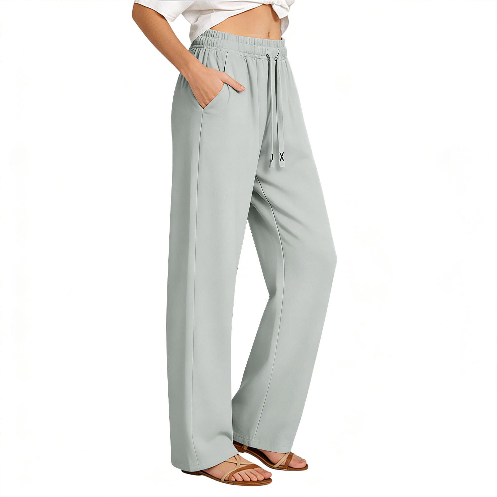 Damen Weit Geschnittene Hose mit Kordelzug Taille und Taschen Lässige Gerade Hosen für den Alltag M