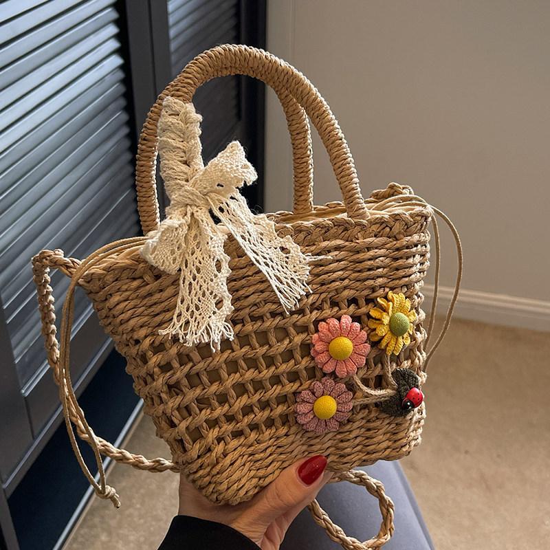 Women Straw Woven Handbag Daisy Flower Lace Bow Summer Beach Bag Small Tote Crossbody Boho Style Shoulder Bag