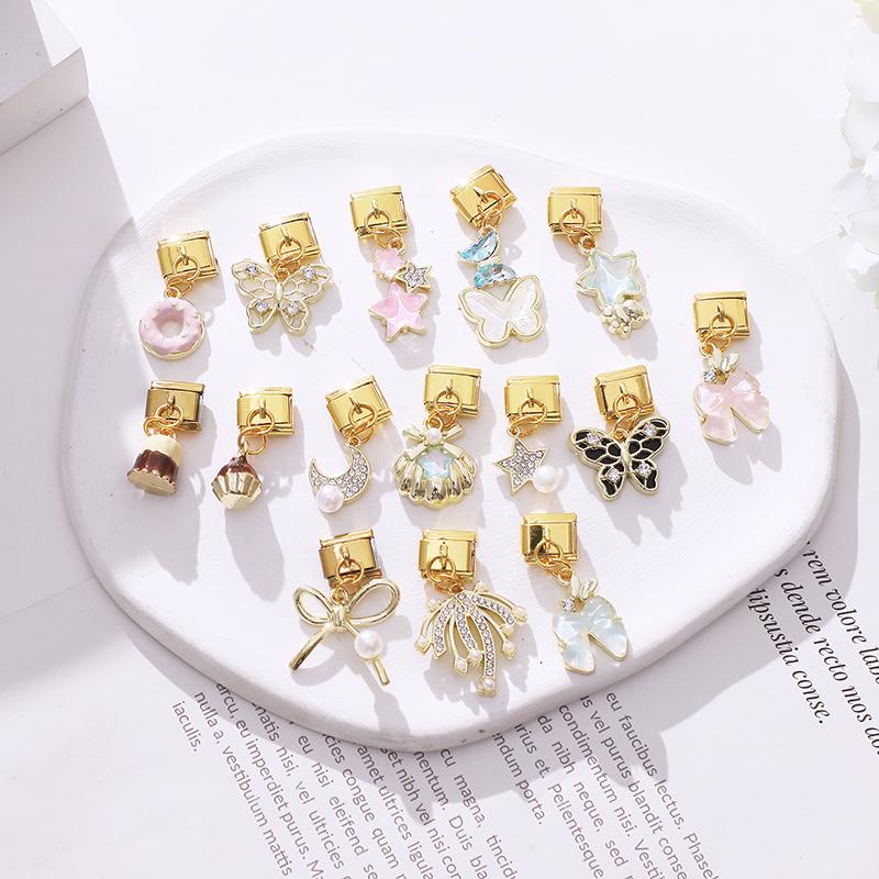 New Y2K Gold Color Butterfly Moon Bow Shell Star Pearl Pendant Italian Charm Link Fit 9mm Stainless Steel Bracelet DIY Making