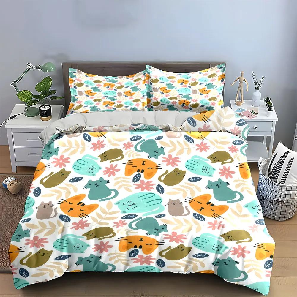 "Cartoon Cat Print Decor Set" Soft Comfortable Duvet Cover Bedding Set Included 1*Duvet Cover & 2*Pillowcases Gift