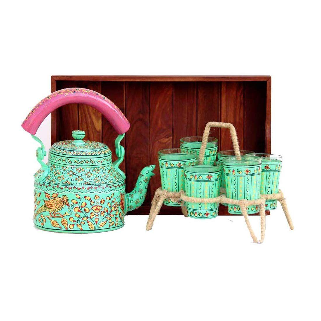 

Алюминиевый чайник, расписанный вручную, 6 стаканов, подставка на железной веревке, коричневый поднос из натурального дерева (Разноцветный) - Набор из 9 предметов, подарок и сервировка на Дивали