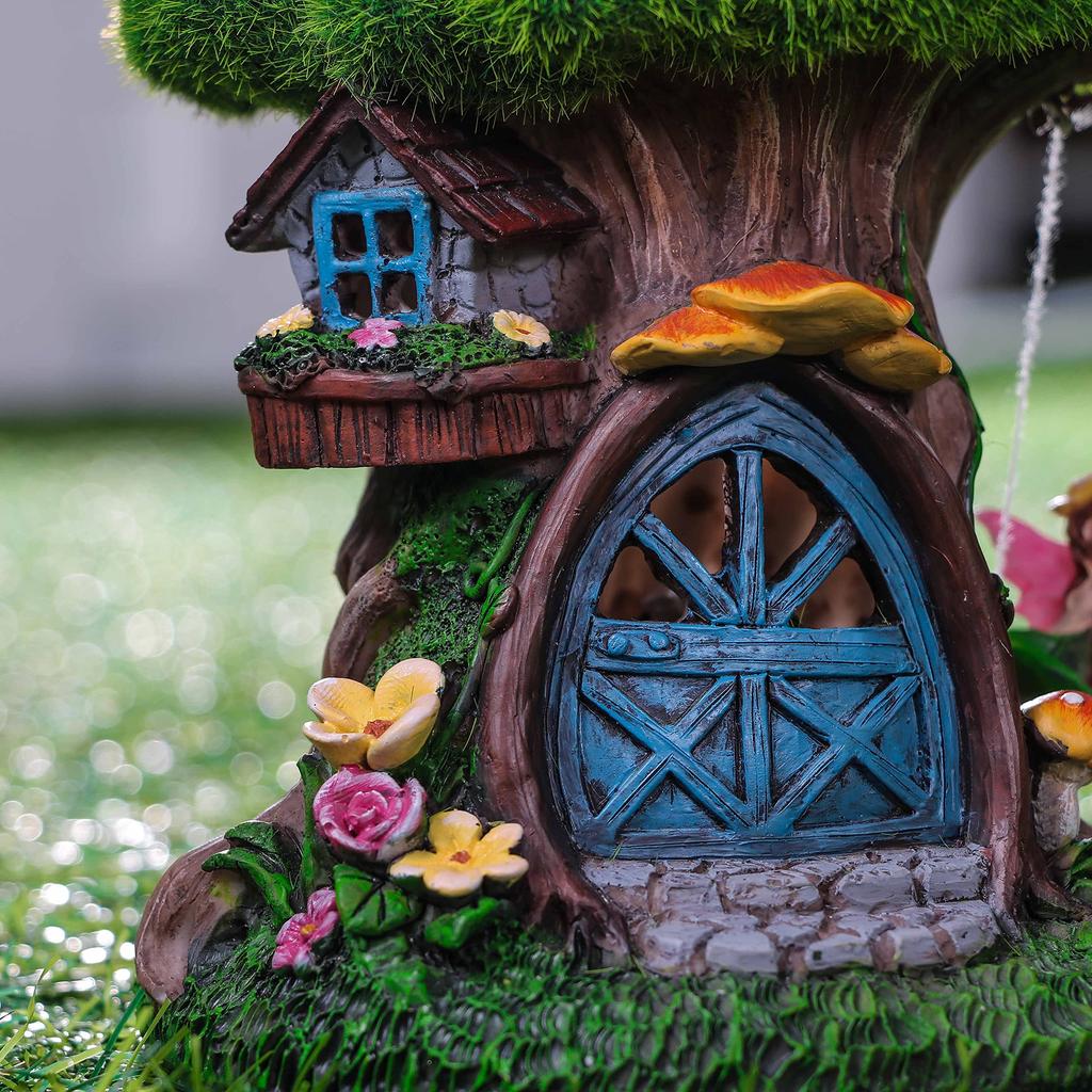 Valery Madelyn Fluffy Fairy House Garden Figurine with Solar Cute Fairytale Garden Outdoor No Batteries Waterproof Ornament, Solar-Powered Light,