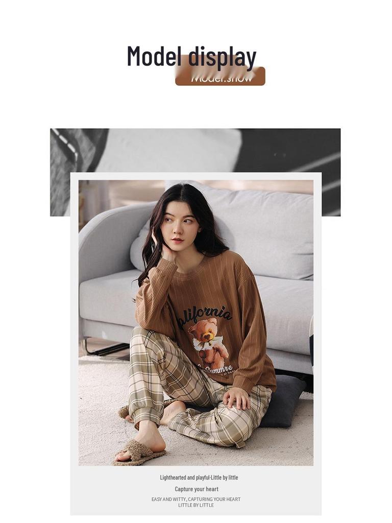 2025 Women's Spring & Autumn Cute Cartoon Cotton Pajamas - Long Sleeve & Pants, Comfortable Pullover for Homewear