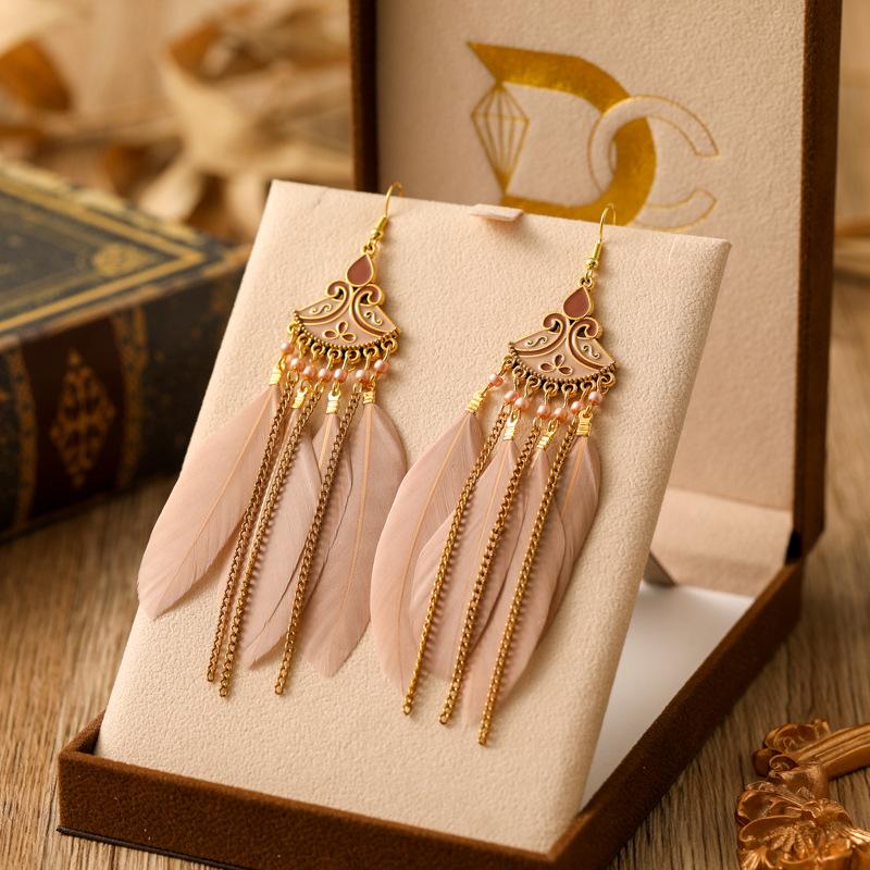 Bohemian Ethnic Feather Tassel Dangle Earrings For Women Trendy Long Beads Indian Drop Earrings Female Vintage Boho Jewelry Gift