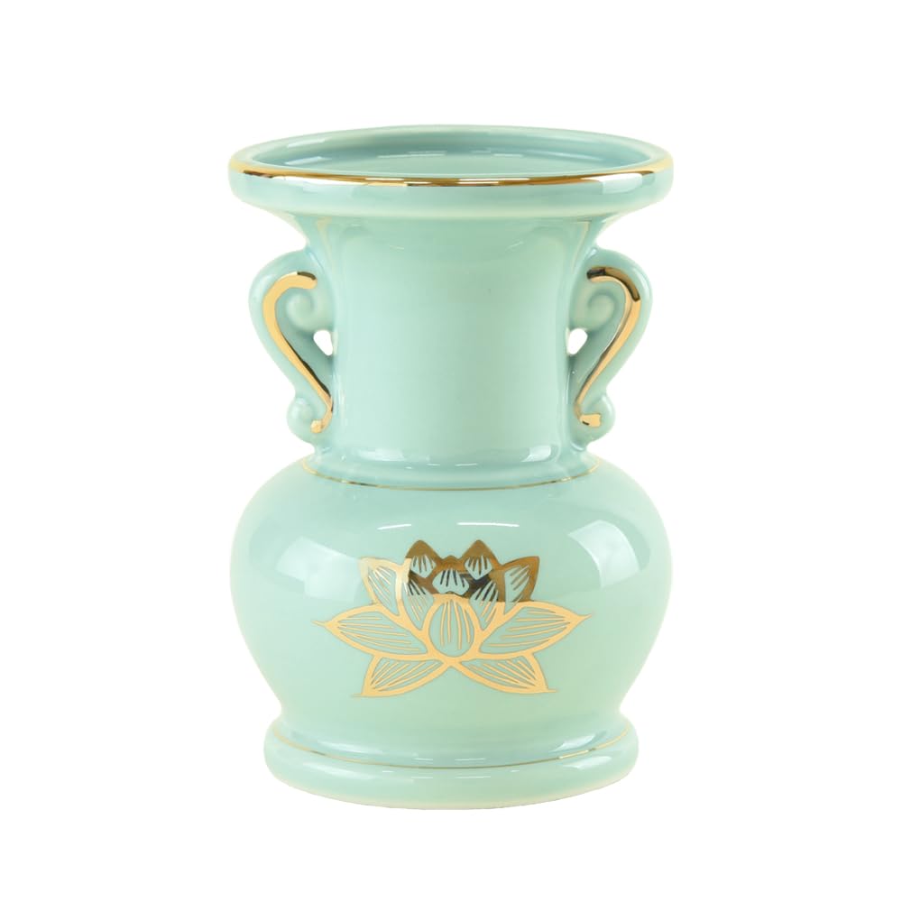 [Hasegawa Buddhist Altars] Buddhist Altar Vase, Ceramic Flower Stand, Blue Background with Gold Lotus Design, 4.5cm