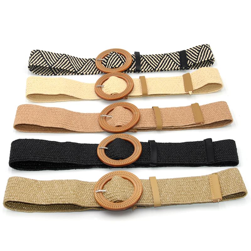 Summer Women Elastic Belt Round Buckle Vintage Boho Straw Woven Belt Dress Belt