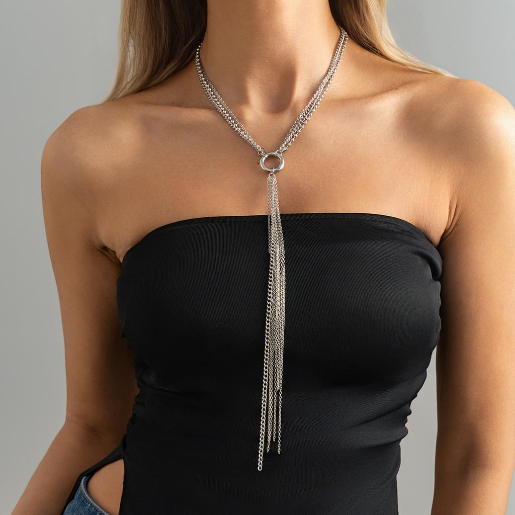 Simple Tassel Necklace with Spring Buckle Round Bead Long Collarbone Chain
