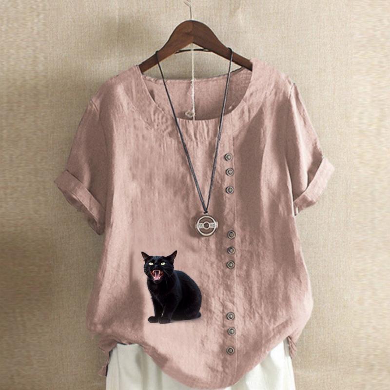 Damenmode, T-Shirt mit schwarzem Katzen-Print, kurzärmelig, lockeres Baumwollhemd, lässige Sommerbluse, Tops, Übergröße