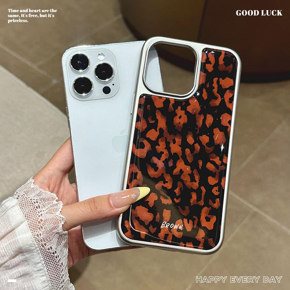 New Ins Sweet and Cool Brown Leopard Print IPhone 16 Protective Case 14 Mobile Phone Case Girl Apple 15 Electroplated Glue