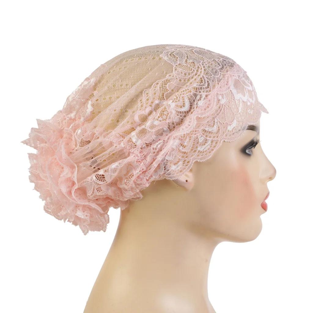 Lace Hijab Flower Headband Full Cover Bottom Hat Chemo Cap Muslim Fashion