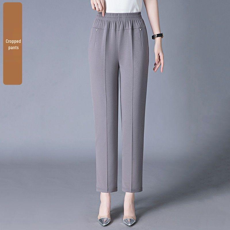 Women's Lightweight Ice Silk High-Waist Casual Pants for Summer - Mid to Elderly, Loose Fit, Nine-Length