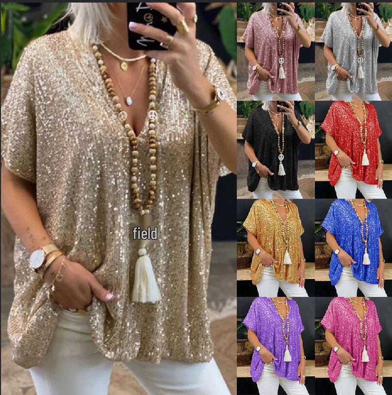 

2025 Women s Sequined V-Neck Loose Fit Urban Casual Short Sleeve T-Shirt XL