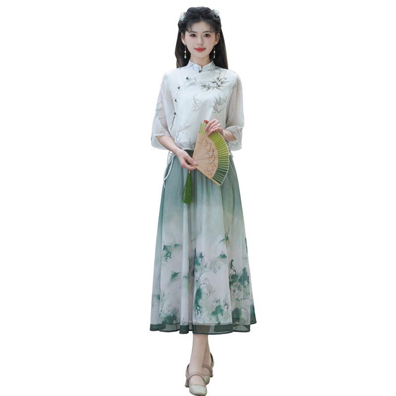 Chinese Style Retro Stand Collar Print Tang Suit Hanfu Cheongsam Top & Tea Suit Set