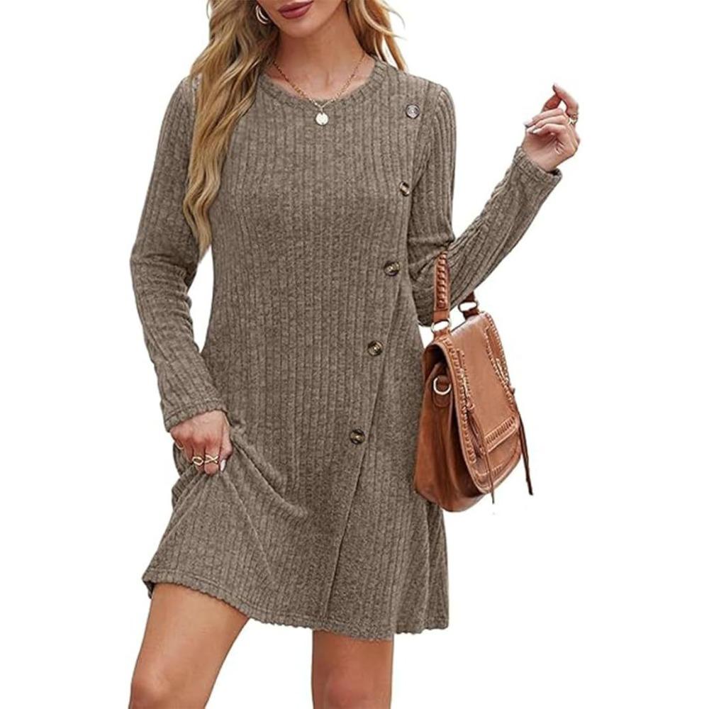 Women's Ribbed Knit Long Sleeve Dress with Side Buttons and Pockets Casual Fall Mini Dress