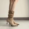 Sheepskin Version~ Suede Pleated Piled Boots Pointed High Heel Thin Boots Women's Autumn and Winter Thin Heel Medium Boots