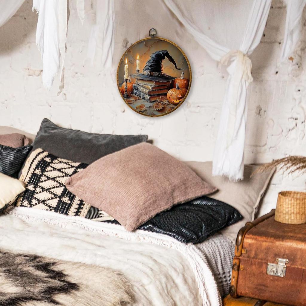 shiviody Fall Halloween Pumpkin Canvas Wall Art Decor, Autumn Halloween Hat Wall Art, Dark Moody Thanksgiving Round Hanging Frame Prints Decorations