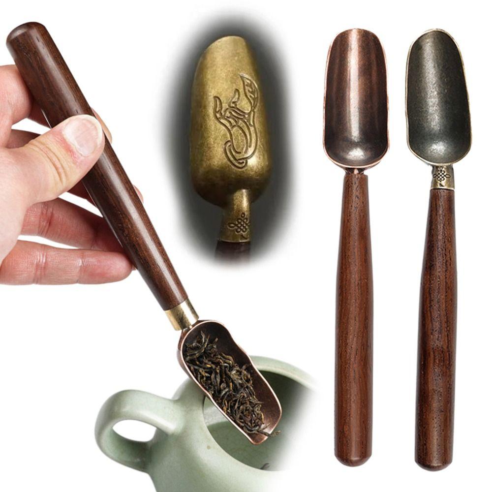 Portable Solid Wood Handle Tea Spoon Copper Creative Tea Shovel Retro Tea Leaves Shovel Coffee