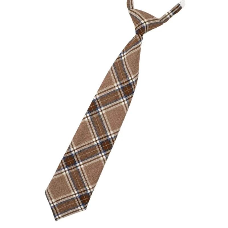 Polyester Silk Pre-Tied Neck Tie Vintage Brown Checkered Striped Necktie JK Girl School Student Uniform Bowknot Bowtie