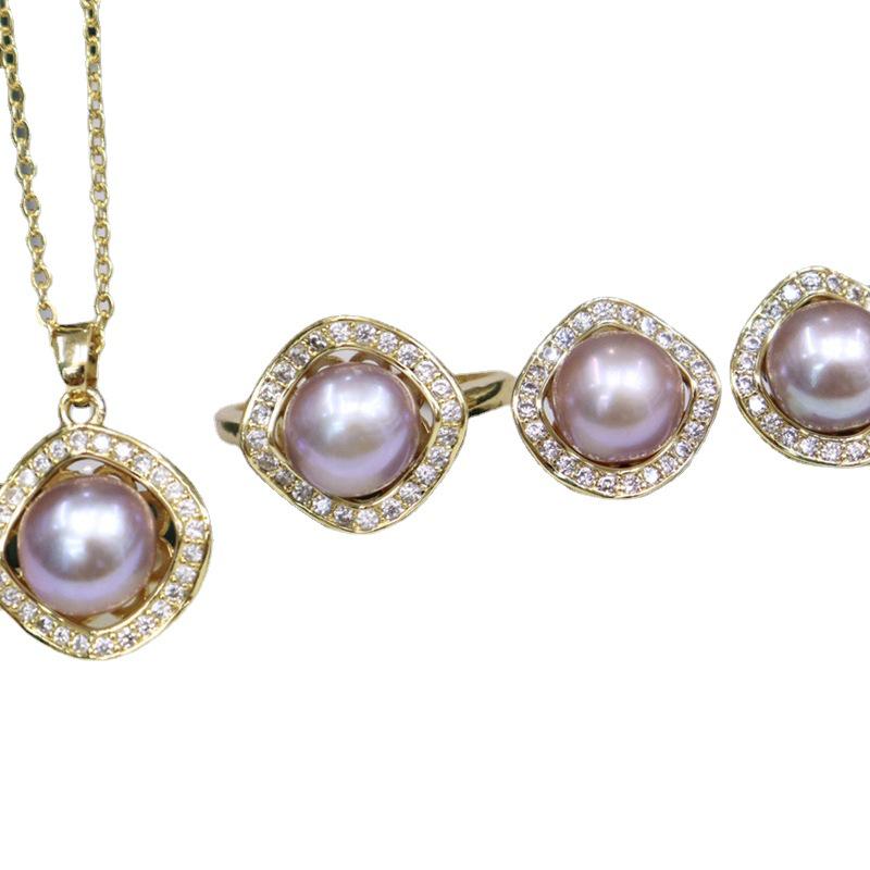 Elegant 8-9mm Freshwater Pearl Necklace, Silver Stud Earrings, and Ring Set for Women