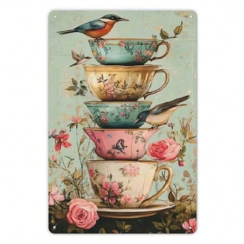 Vintage Metal Tin Sign Hummingbird Coffee Cup Wall Art Garden Decor