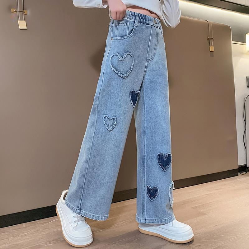 Girls' Heart Patch Jeans Spring Stylish Children's Korean Fashion Long Pants for Girls Spring and Autumn Outerwear Pants