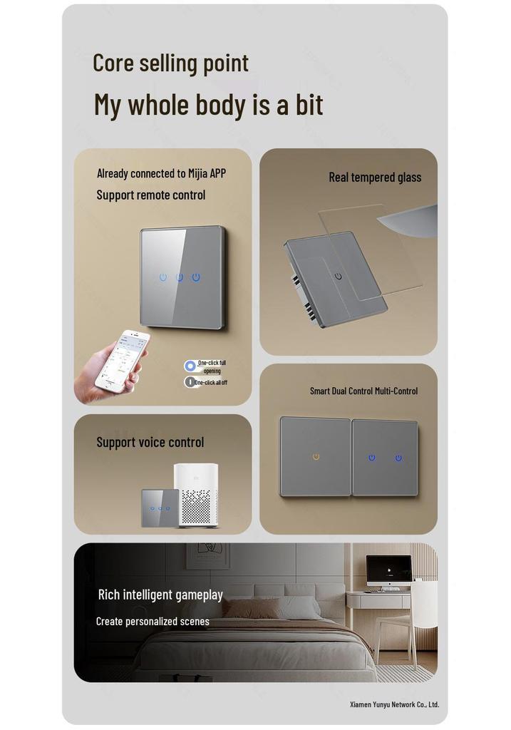 International Electric Gray Smart Switch: Whole-House Voice and Mobile Control, Bluetooth Live/Neutral, Mijia APP Compatible.