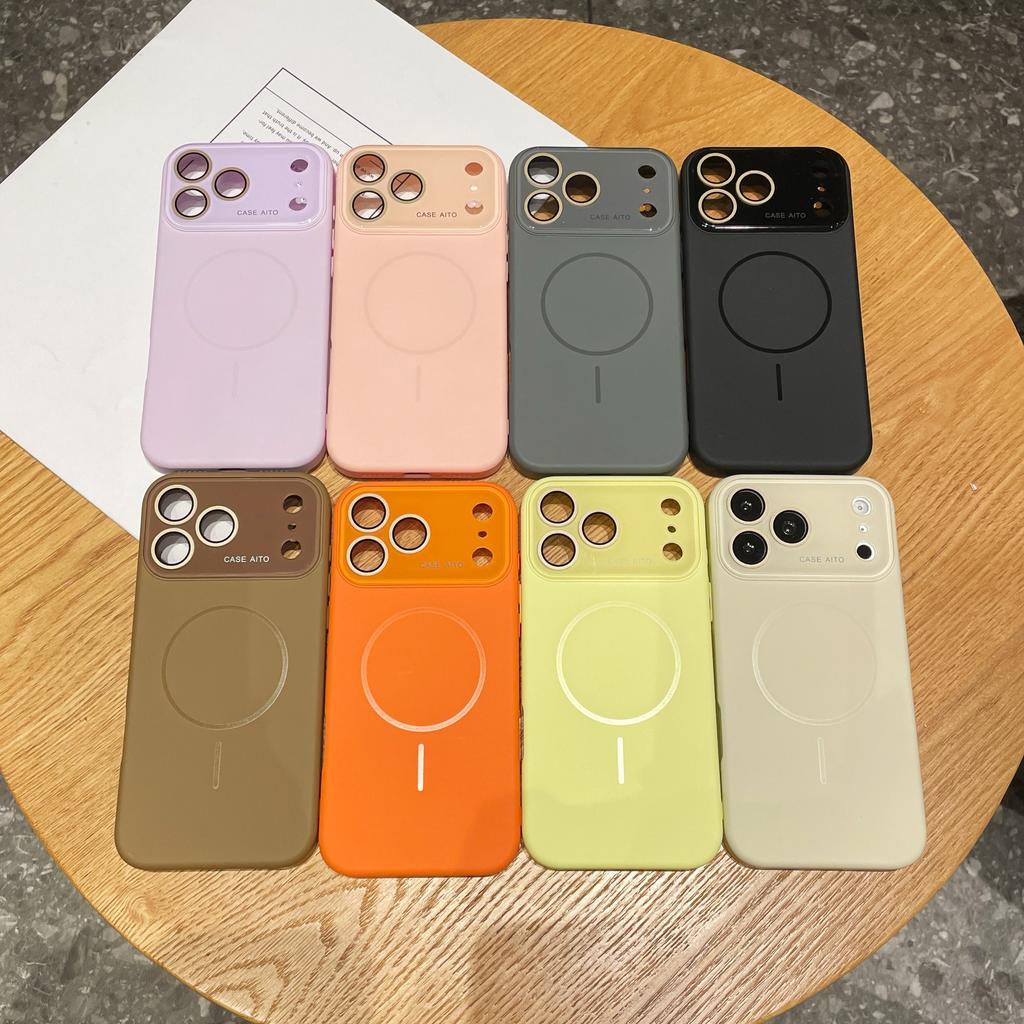 With Lens Film Protection Frosted ForMagsafe Case ForiPhone 17 Air 16 15 14 13 Pro Max Large Window Silicone Magnetic Cover