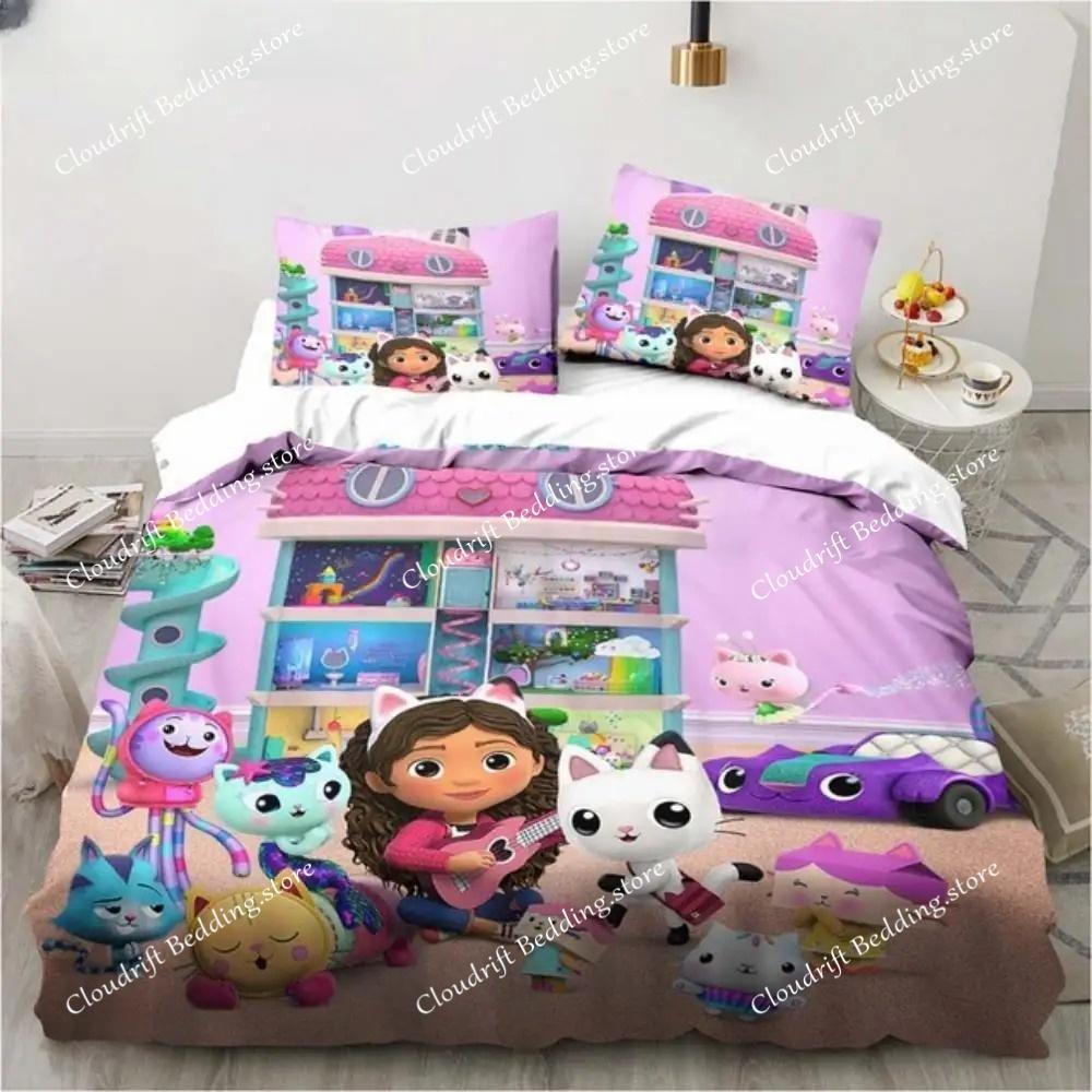 Pościel Gabby's Dollhouse Kreskówkowe Poszewki na Poduszki Poszwa na Kołdrę Dla Dziewczynki Dzieci Prezent Singiel Twin Full Queen Słodka Kawaii 3D Poszwa na Kołdrę