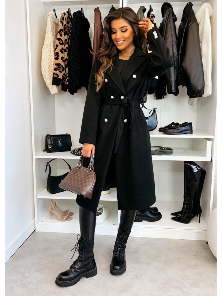 2024 Damen Wintermode Zweireihiger Wollmantel mit Bindegürtel