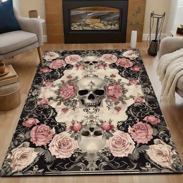 Gothic Skull Floral Pattern Area Mat Non-Slip Rectangle Floor Mat for Indoor Outdoor Garden Patio Handmade Polyester Decorative