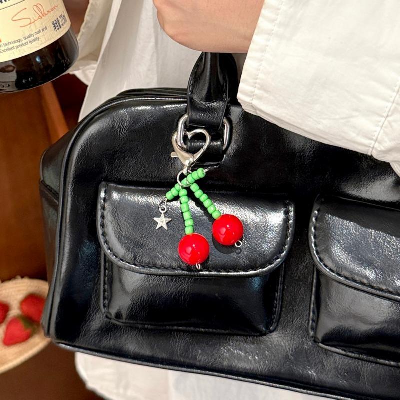 Kawaii Red Cherry Fruit Keychain Cute Heart Key Ring Lovely Bag Charm Unique Gift for Girls Back To School Presents