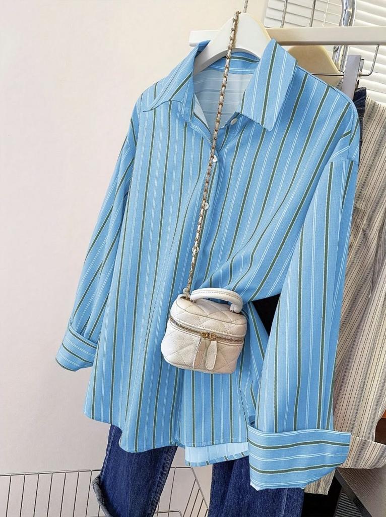 Striped fashion long-sleeved shirt, lapel loose casual commuter temperament versatile top