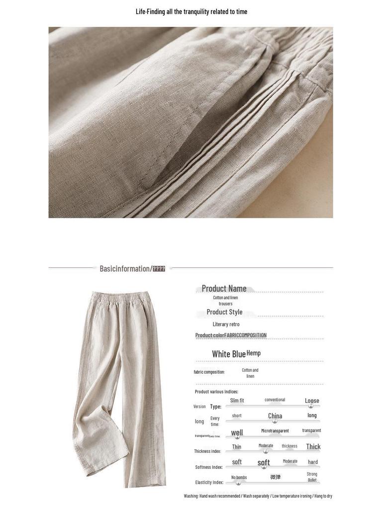 Women's Summer 2024 High Waist Cotton Linen Wide Leg Pants: Loose, Slimming, Casual, Thin Drape Style