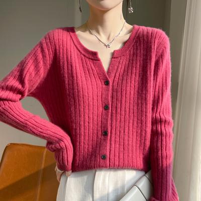 Knitwear Spring and Autumn Women's Sweater Round Neck Slim Short Drawstring Solid Color Knit Cardigan Jacket