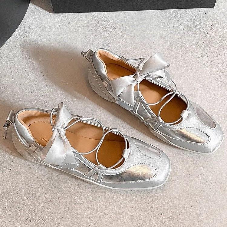 

Women Silver Sneakers Mary Jane Shoes Bow Ribbon Lace Up Bow Ballet Ballerina Flats Fashion Flats Single Shoes 40 срібний