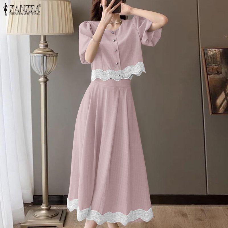 ZANZEA Blusa de Manga Corta para Mujer y Faldas Largas Conjuntos de Traje de Dos Piezas de Verano