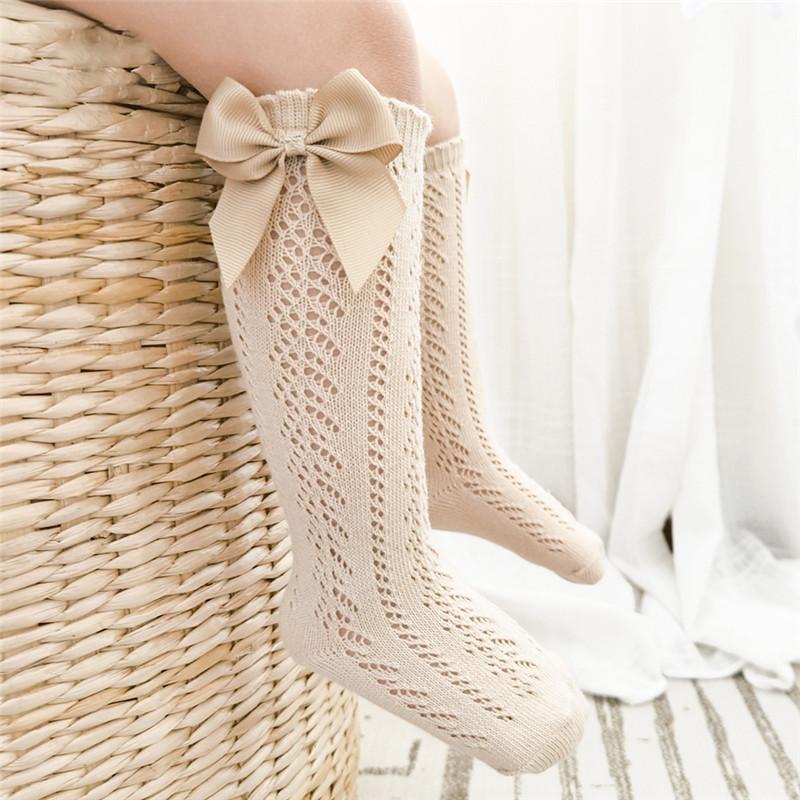 Summer Kids Knee High Socks Baby Girls Boys Bow Long Sock Soft Cotton Mesh Breathable Children Hollow Socken For 0-7Years