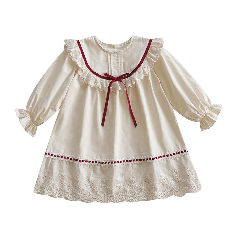 Spring Girls Block Lace Dress Long Sleeve Ruffle Hem Sweet Children Princess Party Dress With Floral Trim