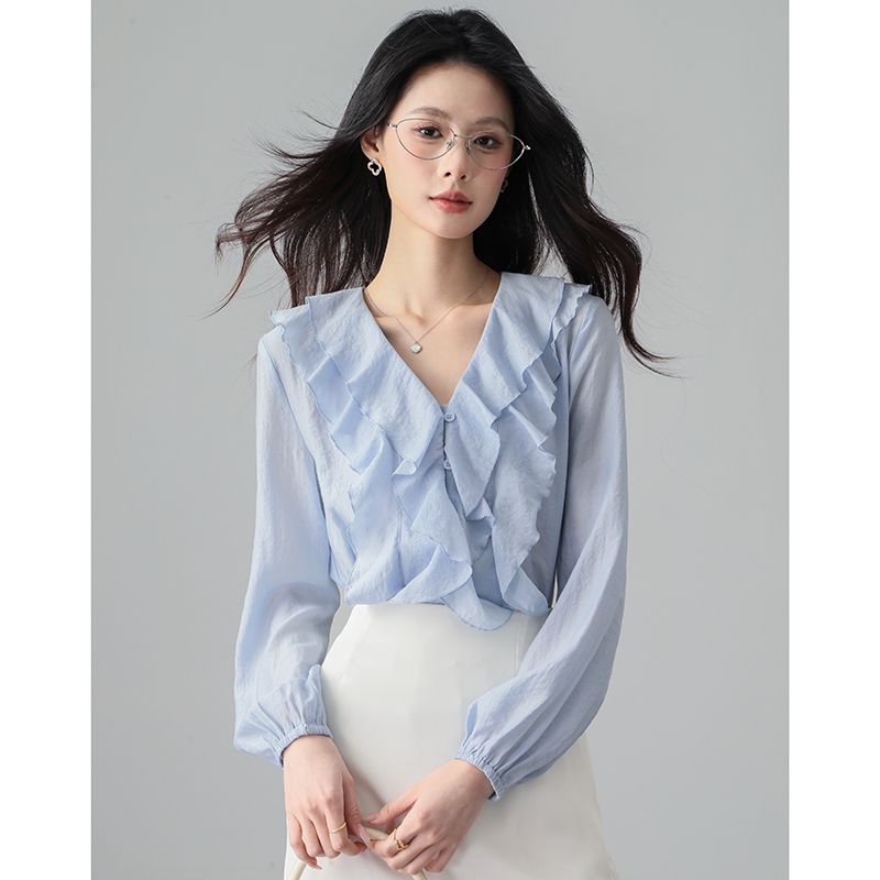 

Xzldhy Ribbon 2025 Spring/Summer New Arrival French Style Fancy Elegant Ruffle V-neck Sky Blue Shirt Tops Sky Blue S