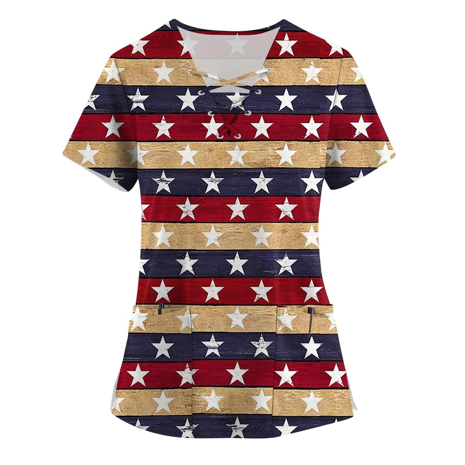 

Плюс размер скраб с принтом Рабочая форма Топы для женщин Крест V-образным вырезом Форальный принт с короткими рукавами Забавные футболки Спецодежда Футболка с карманами XL коричневый