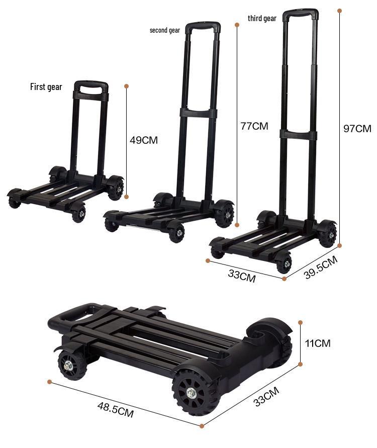 Compact Folding Hand Truck: Portable Four-Wheel Small Trailer Cart for Travel, Shopping, and Luggage Transport.
