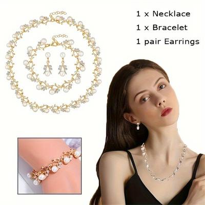 Rhinestone İnci Takı Üç Parça Set Moda Takı Köprücük Kemiği Zinciri Küpeler Kolye
