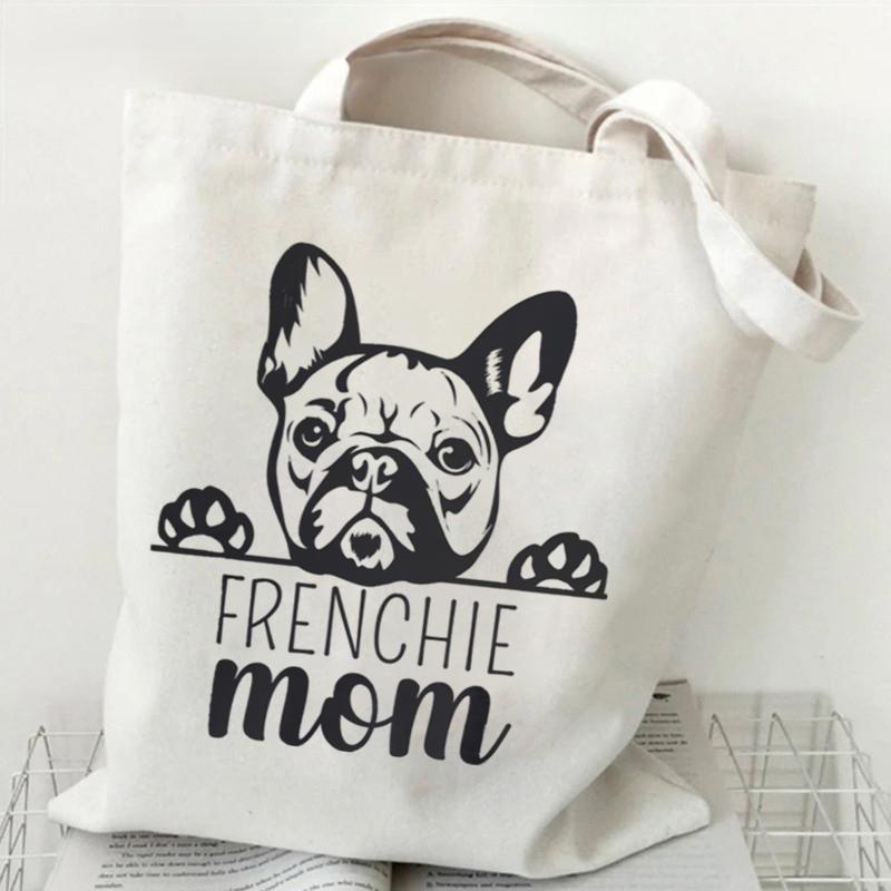 French Bulldog Heart Print Women's Handbags Animals Lover Design Canvas Shopping Bag Women French Bulldog Reusable Shoulder Bag