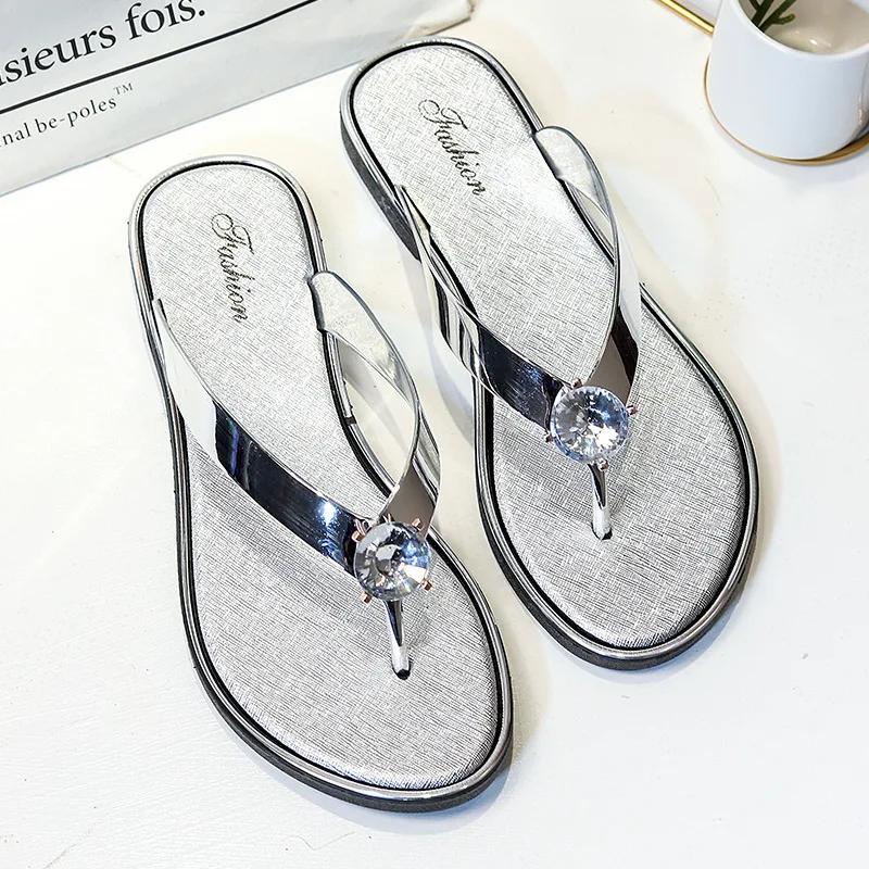 Fashion Women's Silver Biscuit Beach Sandals Flip Flops Floral Hollow Crystal Clip Parker Gold Strap Sandals