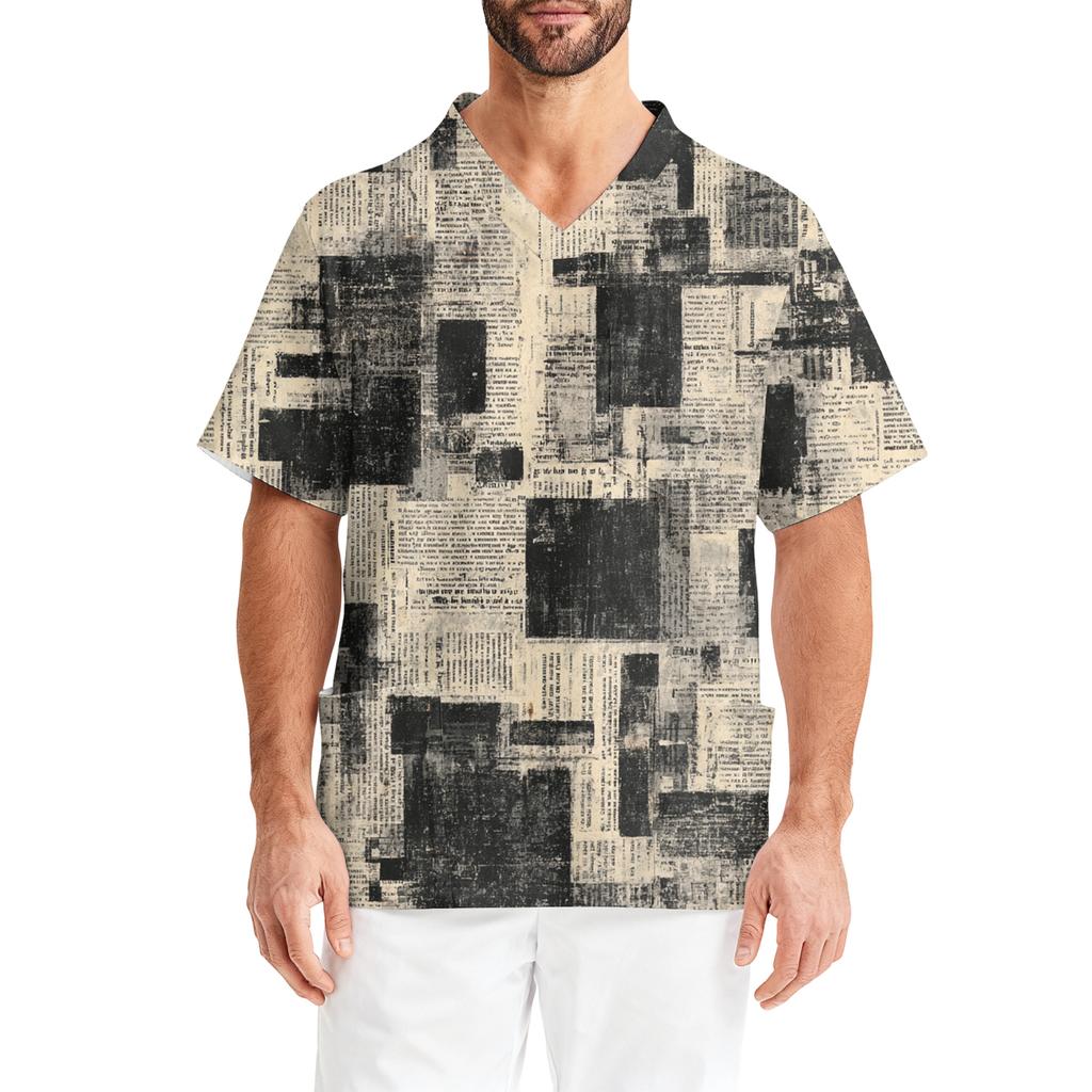 Men's Printing Short Sleeve V-neck Working Blouse Chest Pocket Carer Top