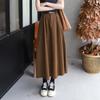 Versatile Washed Cotton Midi Skirt - High Waist, Solid Color, Double Pockets, Slimming A-line for Women, Early Autumn.