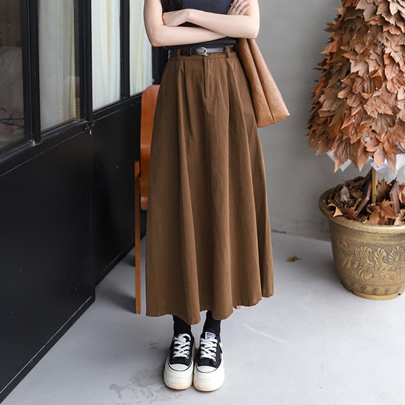 Versatile Washed Cotton Midi Skirt - High Waist, Solid Color, Double Pockets, Slimming A-line for Women, Early Autumn.