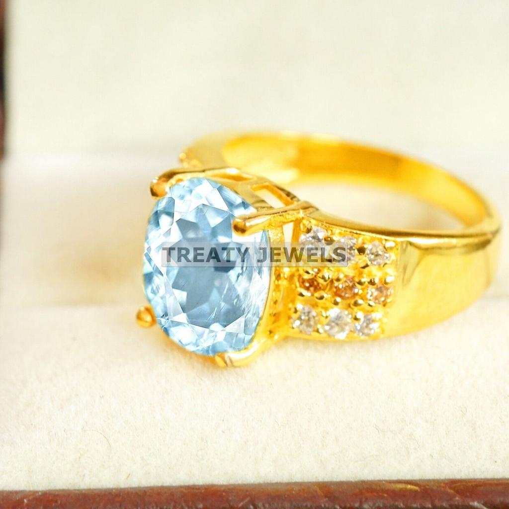 Aquamarine Oval Cut With 925 Sterling Silver Gold Plated Ring For Men's #A746 JL375659058551